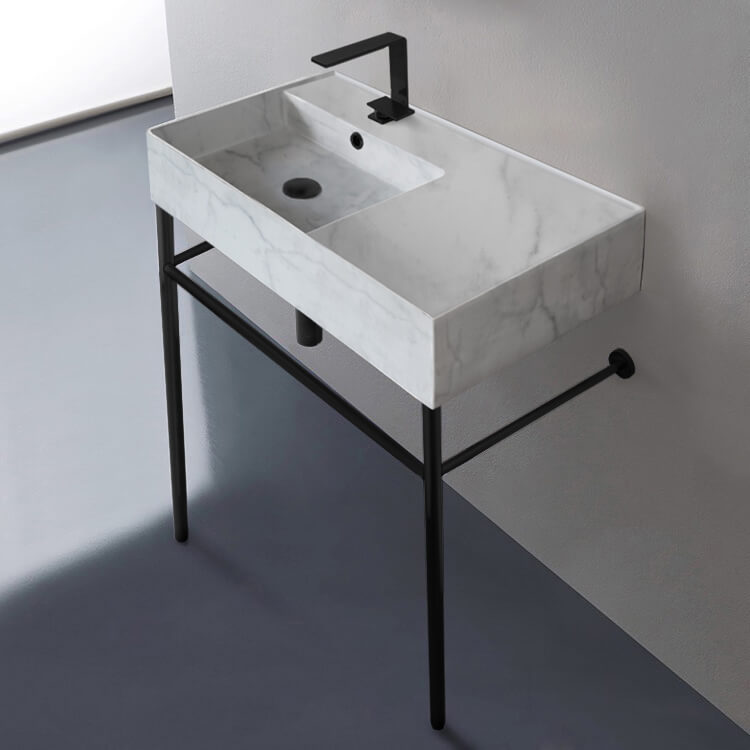 Scarabeo 5115-F-CON-BLK Marble Design Ceramic Console Sink and Matte Black Stand, 32 Inch